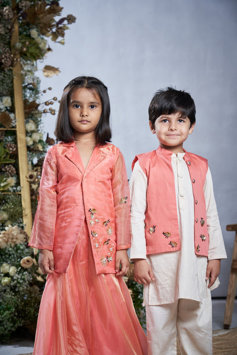 Pre-Order: Peach Bumble Bee Jacket Sharara Set