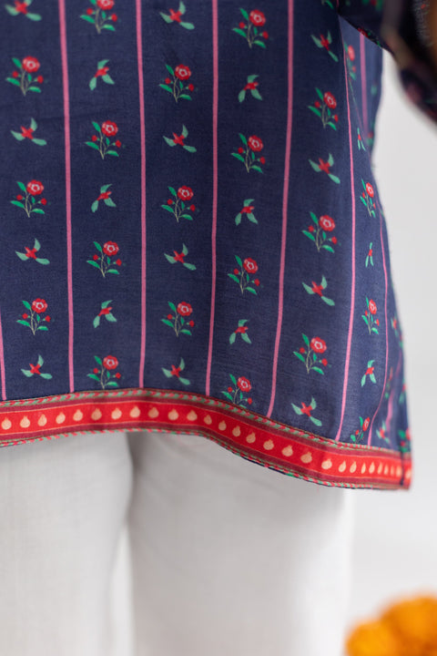 Pre-Order: Blue stripes  printed muslin kurta set-set of 2