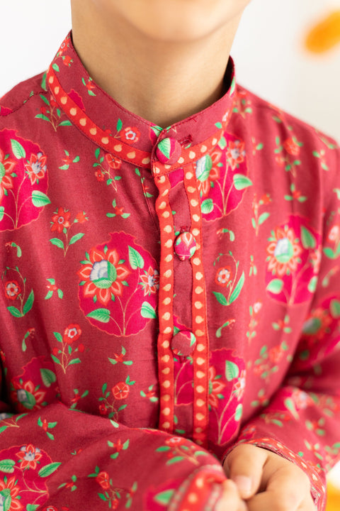 Pre-Order: Maroon jaal printed muslin kurta set-set of 2