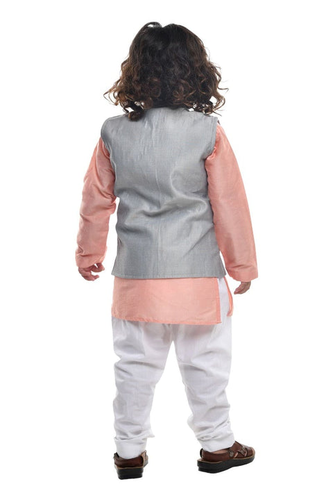 Peach Kurta with Grey Embroidered Jacket