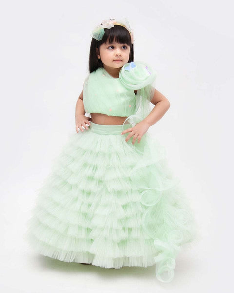 Pre-Order: Green net frills lehenga with Ruffle Choli