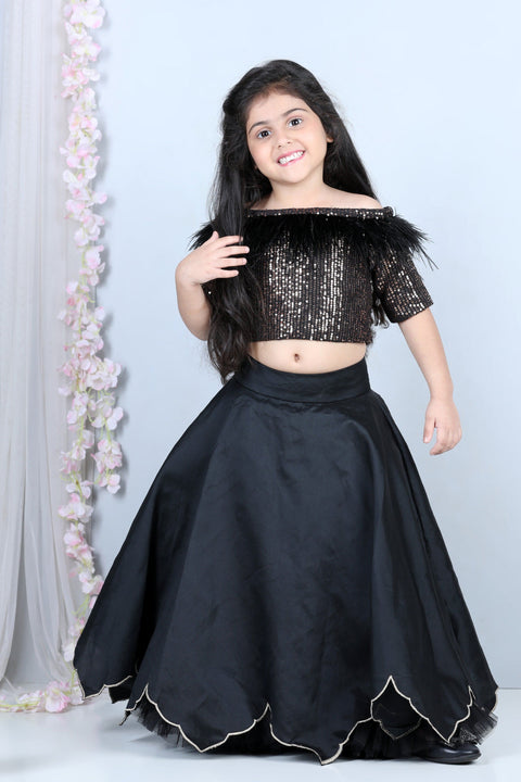 Pre-Order: Sequence Blouse with Fur and Lehenga with cut work