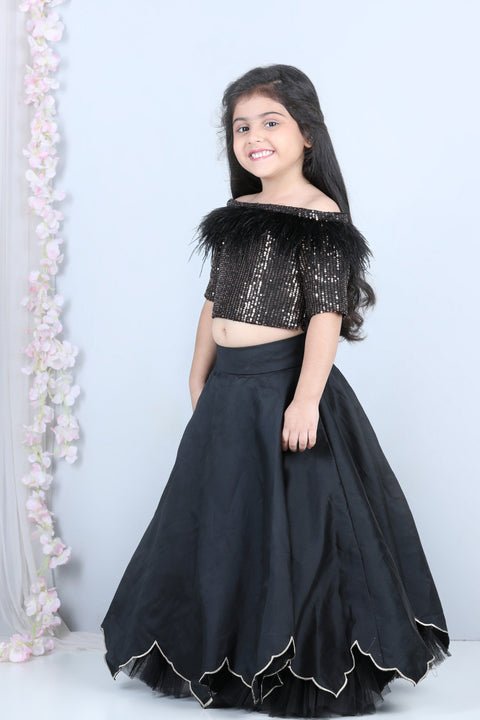 Pre-Order: Sequence Blouse with Fur and Lehenga with cut work