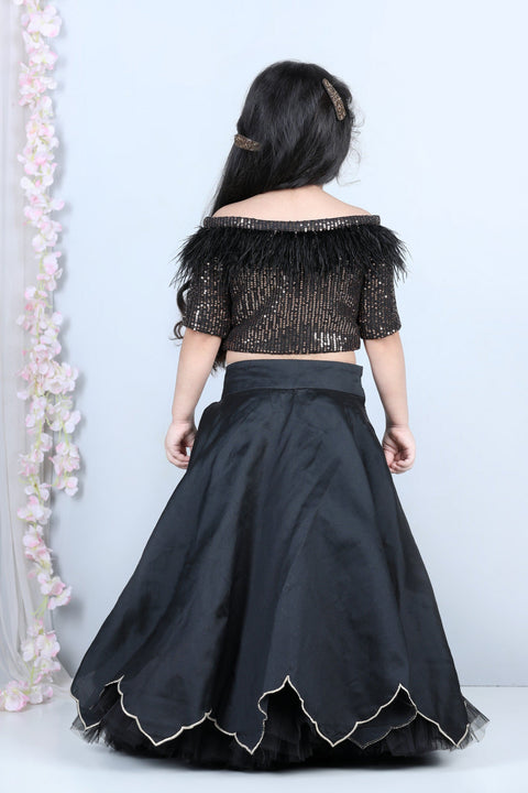 Pre-Order: Sequence Blouse with Fur and Lehenga with cut work