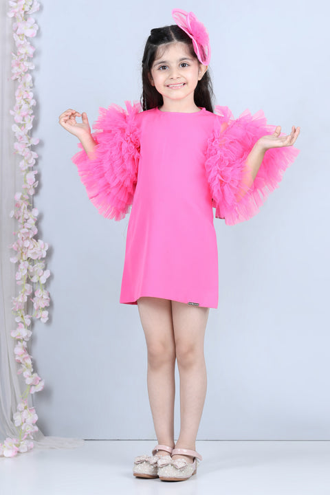 Pre-Order:  Short Dress with Tulle Sleeves-Pink