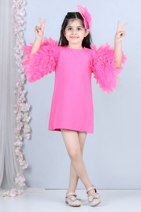 Pre-Order:  Short Dress with Tulle Sleeves-Pink