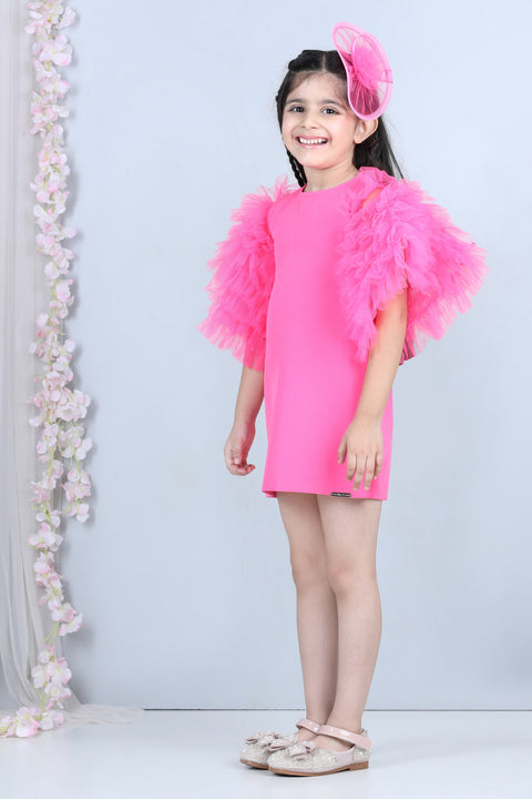 Pre-Order:  Short Dress with Tulle Sleeves-Pink
