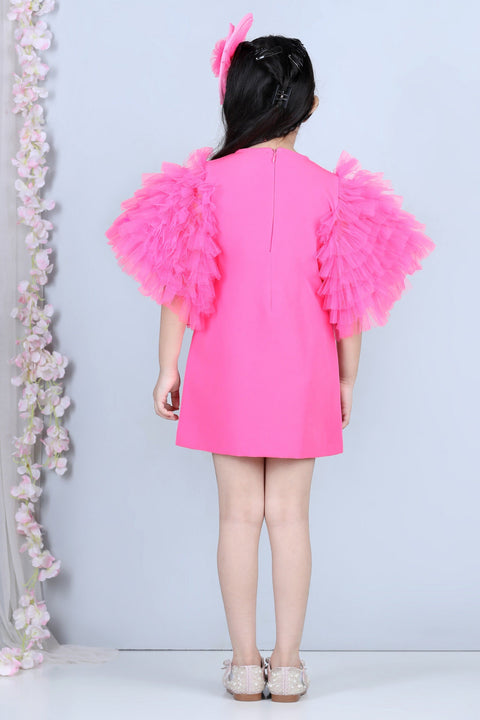 Pre-Order:  Short Dress with Tulle Sleeves-Pink