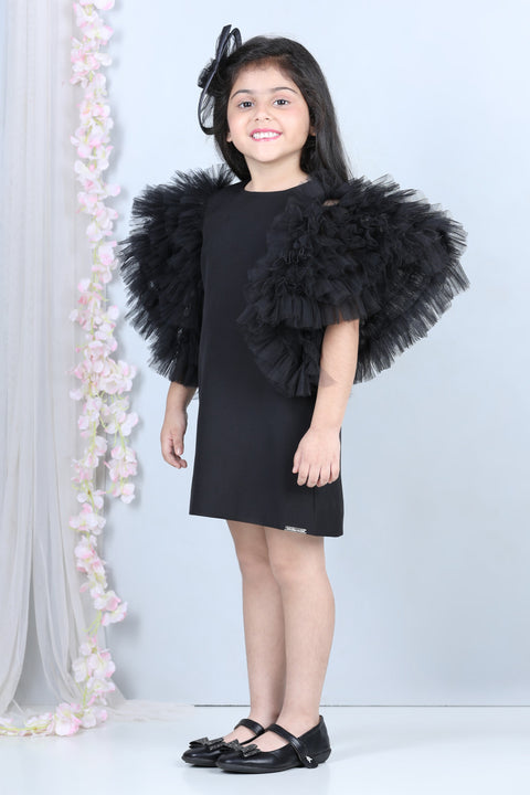 Pre-Order:  Short Dress with Tulle Sleeves-Black
