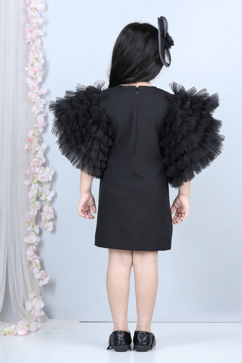Pre-Order:  Short Dress with Tulle Sleeves-Black
