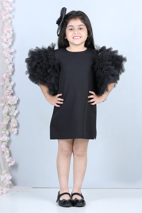 Pre-Order:  Short Dress with Tulle Sleeves-Black