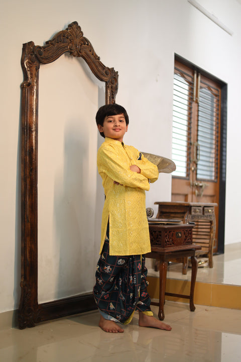 Pre-Order: Yellow Embroidery Kurta with Printed Dhoti