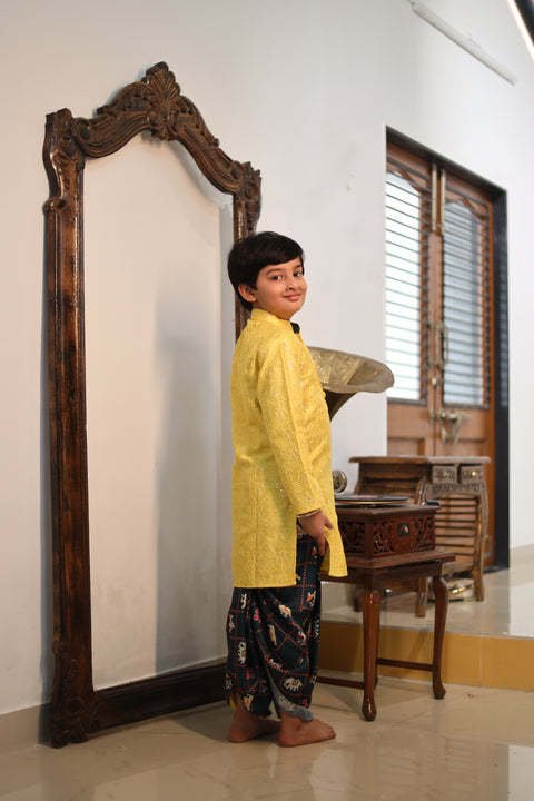 Pre-Order: Yellow Embroidery Kurta with Printed Dhoti