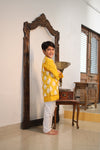 Pre-Order: White Thread Embroidered Jacket with Yellow Kurta and churidar