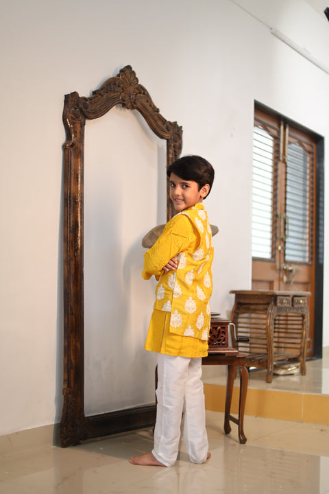 Pre-Order: White Thread Embroidered Jacket with Yellow Kurta and churidar