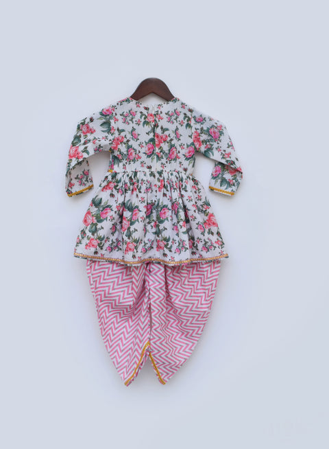 Pre Order:  Pink Floral Print Peplum and Dhoti