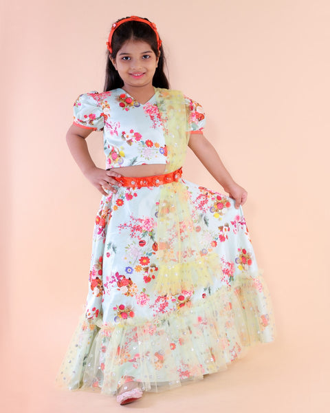 Pre-Order: Floral Print Top and Ghagra with Net Dupatta