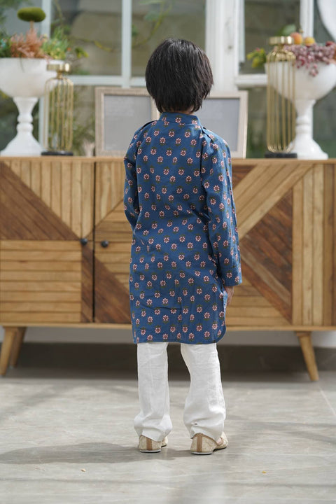 Pre Order: Blue Printed Kurta and Off White Salwar