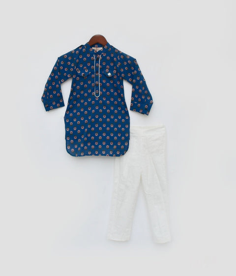 Pre Order: Blue Printed Kurta and Off White Salwar