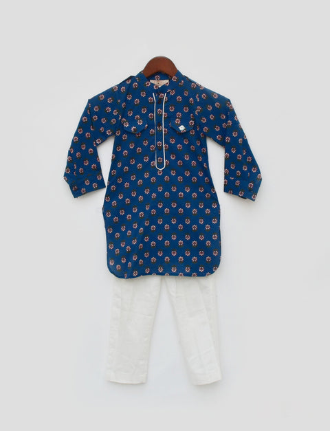 Pre Order: Blue Printed Kurta and Off White Salwar