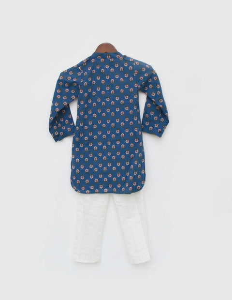 Pre Order: Blue Printed Kurta and Off White Salwar