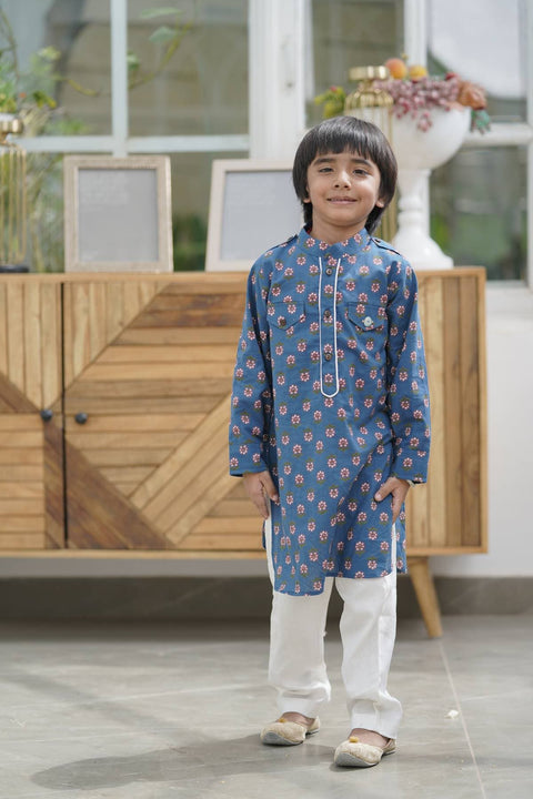 Pre Order: Blue Printed Kurta and Off White Salwar