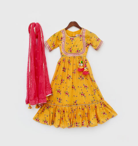 Pre Order: Yellow Print Anarkali and Chiffon Dupatta