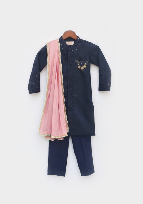 Pre Order: Blue Silk Ajkan with Pant and Pink Stole