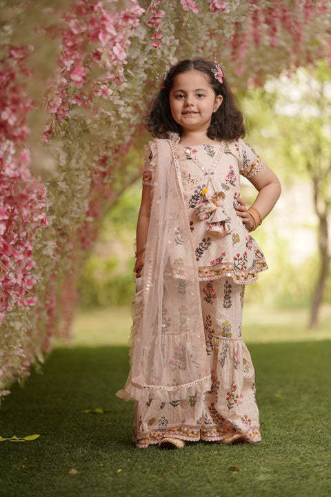 Pre Order: Peach Cotton Print Kurti Sharara and Peach Net Dupatta