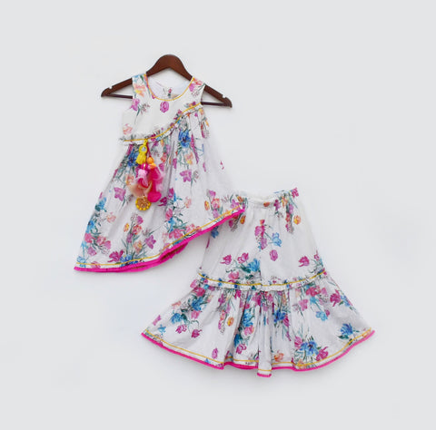 Pre Order: White Floral Print Kurti Sharara