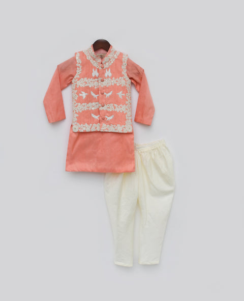 Pre Order: Peach Silk Kurta Jacket and Churidar