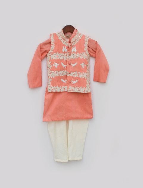 Pre Order: Peach Silk Kurta Jacket and Churidar