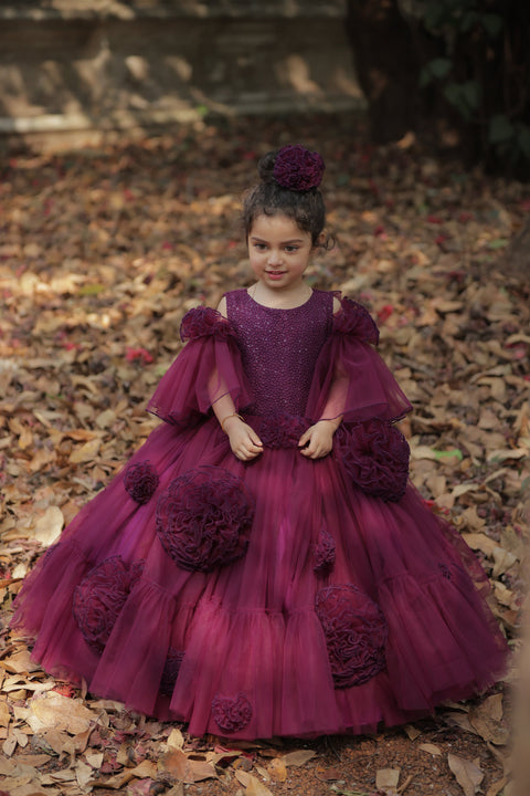 Pre-Order: Plum Purple Net Designer Gown With Frill Flower Detailing