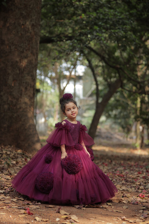 Pre-Order: Plum Purple Net Designer Gown With Frill Flower Detailing