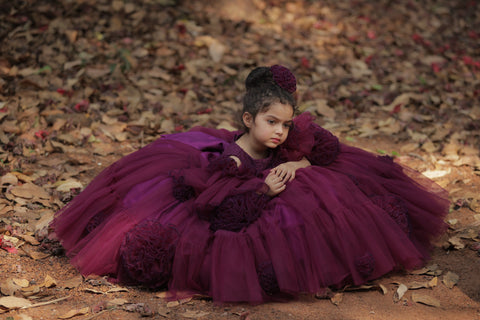Pre-Order: Plum Purple Net Designer Gown With Frill Flower Detailing