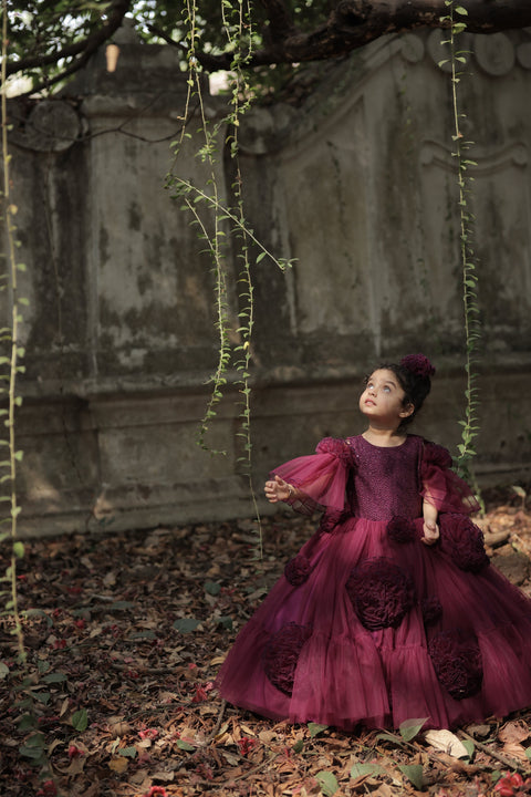 Pre-Order: Plum Purple Net Designer Gown With Frill Flower Detailing
