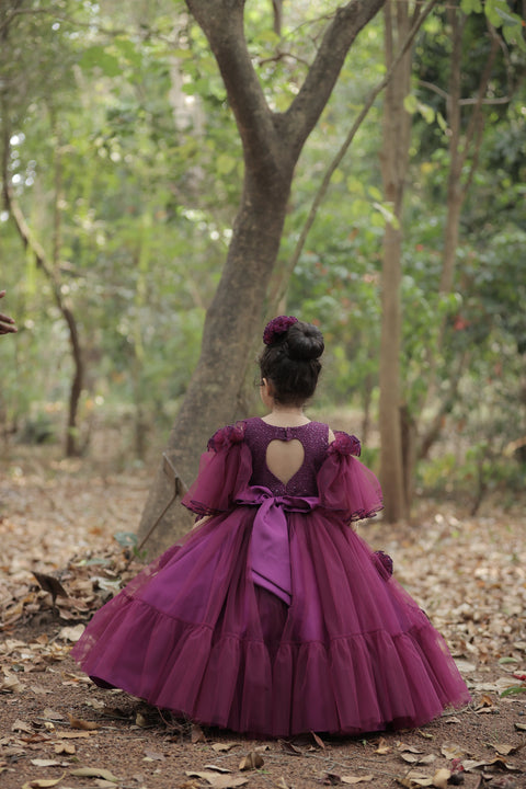 Pre-Order: Plum Purple Net Designer Gown With Frill Flower Detailing