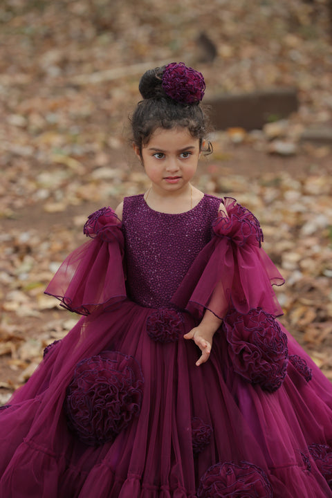 Pre-Order: Plum Purple Net Designer Gown With Frill Flower Detailing