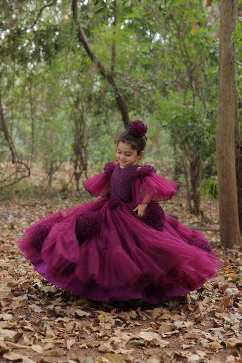 Pre-Order: Plum Purple Net Designer Gown With Frill Flower Detailing