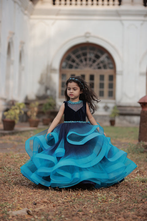 Pre-Order: Royal Blue And Sea Blue Double Shaded Gown With Crystal And Bead Work Yoke