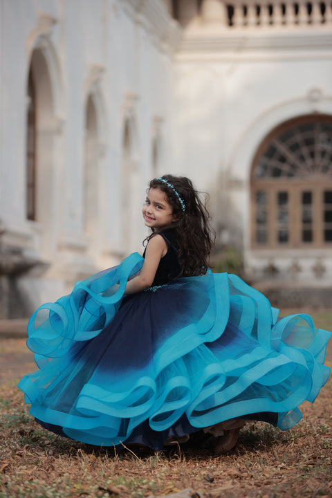 Pre-Order: Royal Blue And Sea Blue Double Shaded Gown With Crystal And Bead Work Yoke