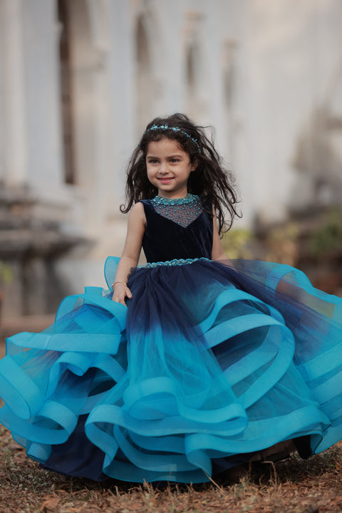 Pre-Order: Royal Blue And Sea Blue Double Shaded Gown With Crystal And Bead Work Yoke