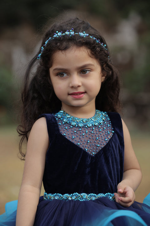 Pre-Order: Royal Blue And Sea Blue Double Shaded Gown With Crystal And Bead Work Yoke