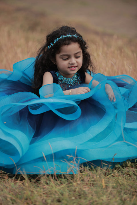 Pre-Order: Royal Blue And Sea Blue Double Shaded Gown With Crystal And Bead Work Yoke