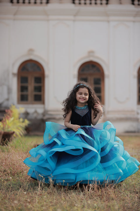 Pre-Order: Royal Blue And Sea Blue Double Shaded Gown With Crystal And Bead Work Yoke