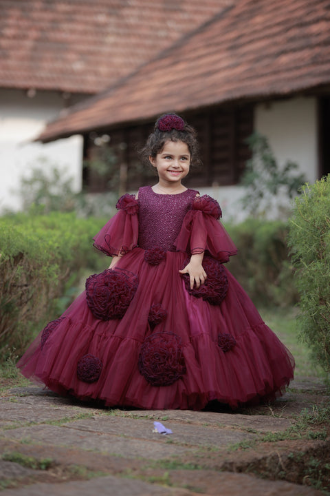Pre-Order: Plum Purple Net Designer Gown With Frill Flower Detailing