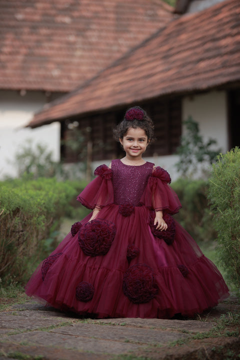 Pre-Order: Plum Purple Net Designer Gown With Frill Flower Detailing