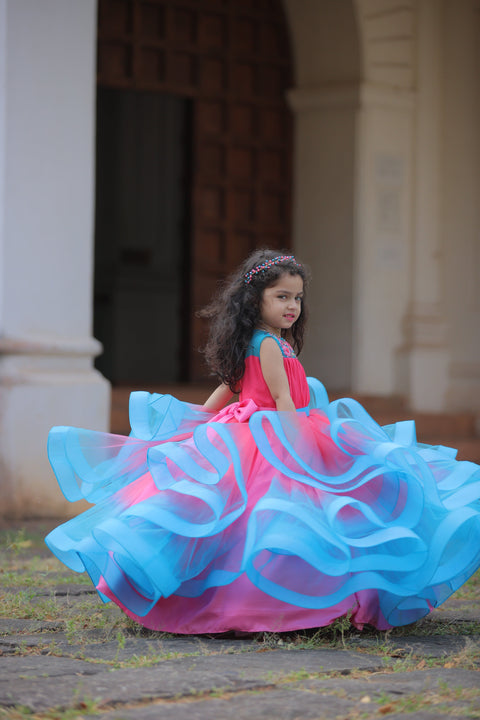 Pre-Order: Dry Rose And Sky Blue Double Shaded Twirled Partywear Gown With Hand Worked Yoke