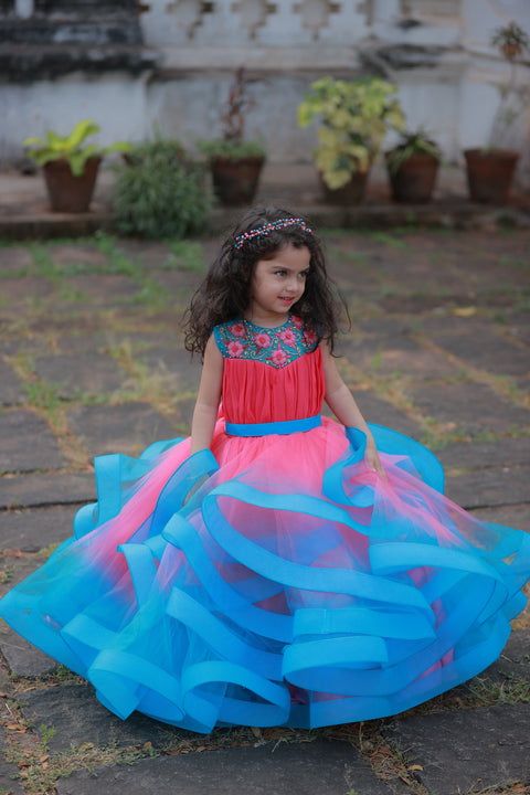 Pre-Order: Dry Rose And Sky Blue Double Shaded Twirled Partywear Gown With Hand Worked Yoke