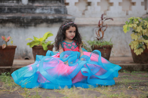 Pre-Order: Dry Rose And Sky Blue Double Shaded Twirled Partywear Gown With Hand Worked Yoke